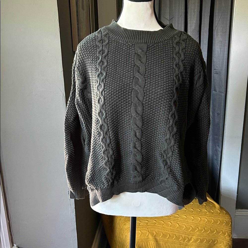 Cozy 100% Cotton Cable Knit Sweater - Green/Grey